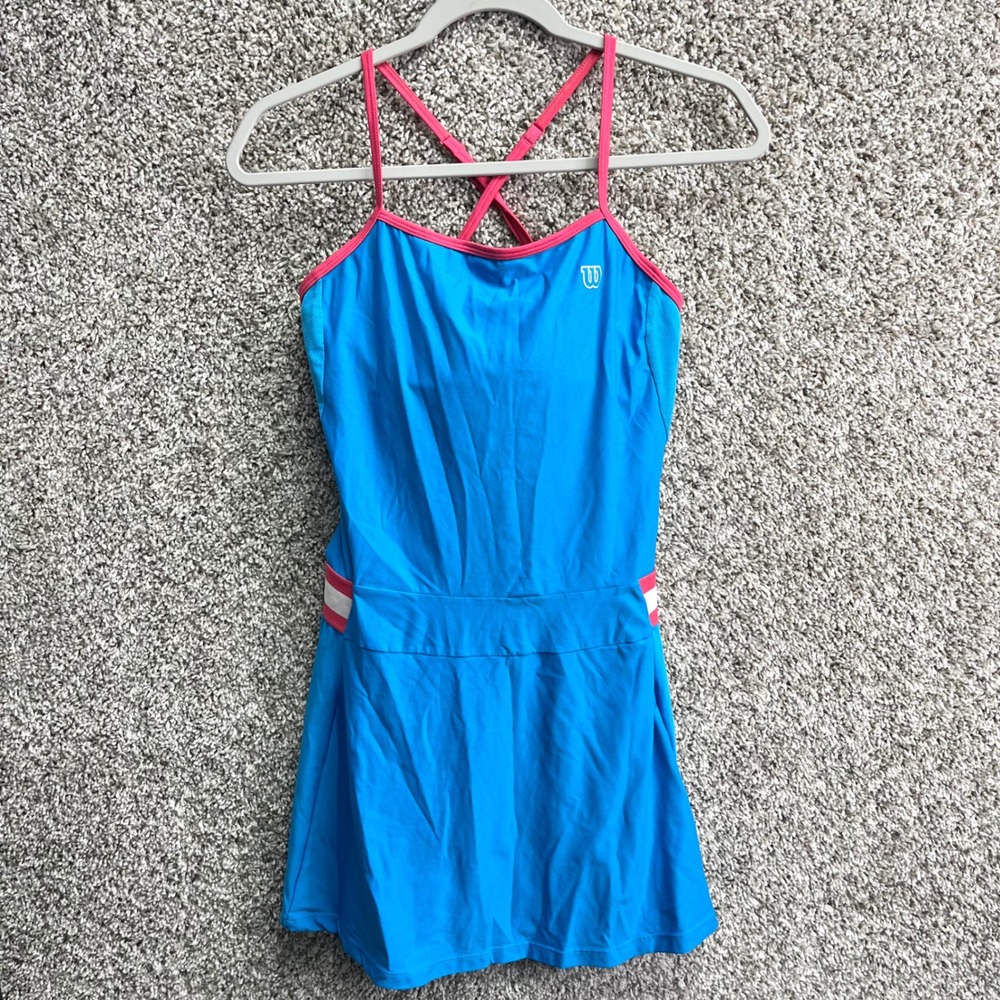 Wilson Blue/Pink/White Strappy Crossback Built-in Bra Athletic Tennis Dress S